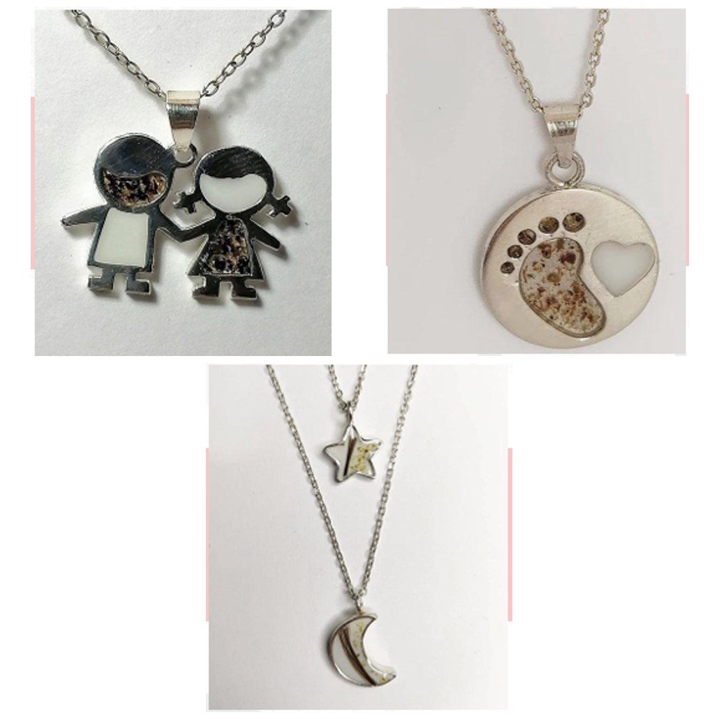 Joyas de cordón umbilical: dije niño y niña, huellita con corazón, y collar estrella y luna, María D'Plata